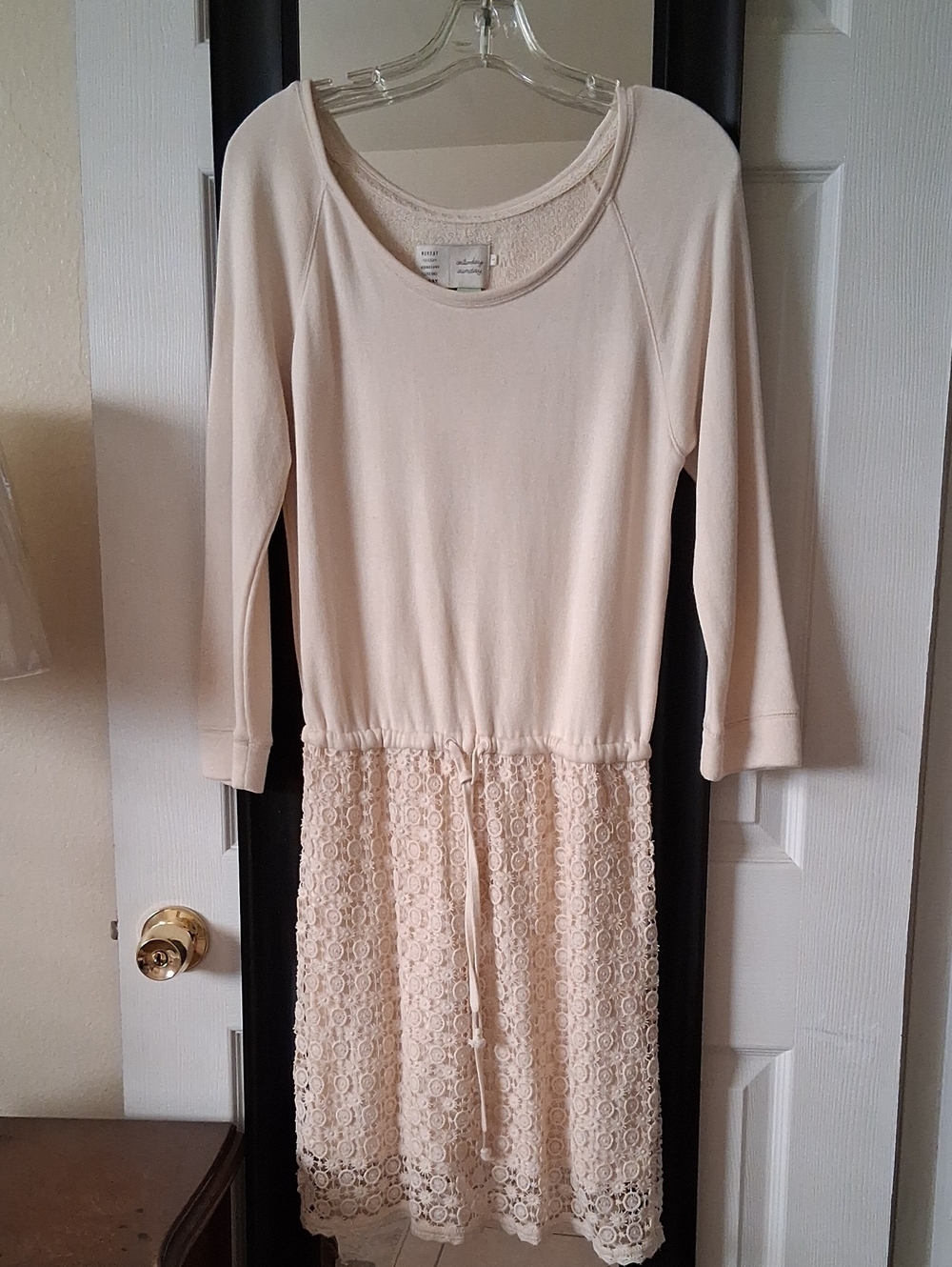 Anthropologie Cream Long-Sleeve Drawstring Lace Skirt Dress